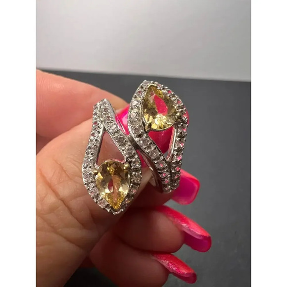 Yellow Beryl and Zircon Sterling Silver Bypass Ring size 9 - Picture 4 of 9